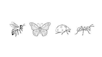 Obraz premium Insect icons set with bee, butterfly, ladybug, and ant in a simple line art style on white background