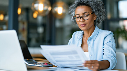 Fototapeta premium Tax preparation concept, businesswoman in smart casual attire reviewing printed financial statements at a modern office desk, calculator and laptop open beside her, warm daylight t