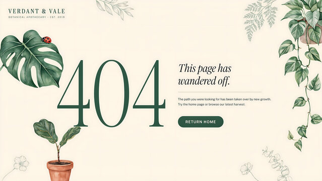 Botanical 404 error page with green plants and text isolated on a transparent background