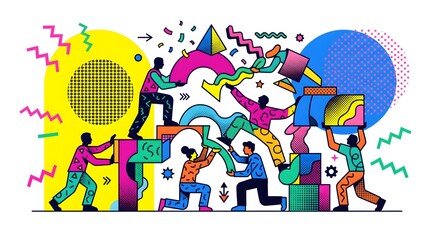 Fototapeta premium Vibrant people, colorful shapes, geometric patterns, playful illustration, modern art