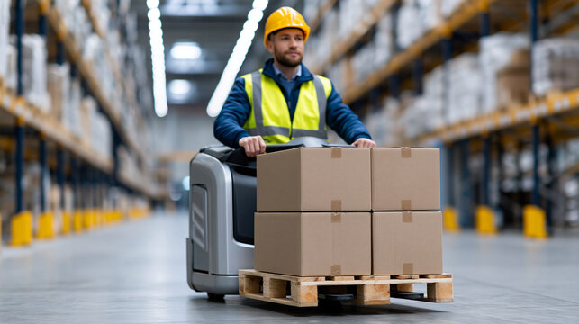 Warehouse worker driving an electric pallet jack loaded with stacked cardboard boxes down a wide aisle, tall shelving units on both sides, bright overhead industrial lighting, real