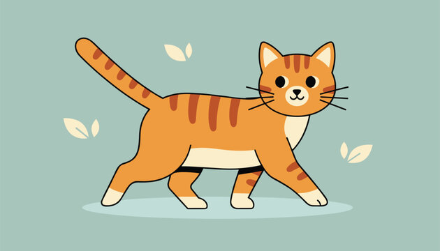 Cute ginger tabby cat walks happily with its tail held high and white paws on a soft green background with leaves.