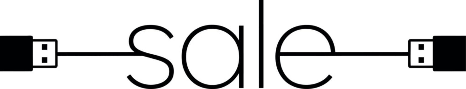 A black and white featuring the word sale connected by a usb cable with plugs on both ends on a white background