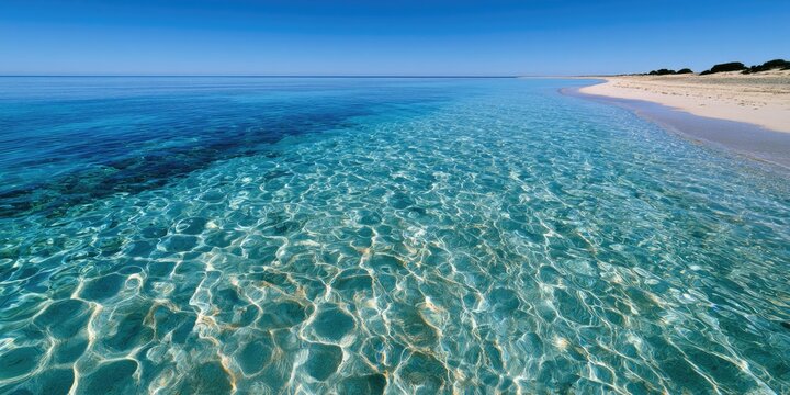 Crystal clear turquoise water laps a sandy beach under a clear blue sky