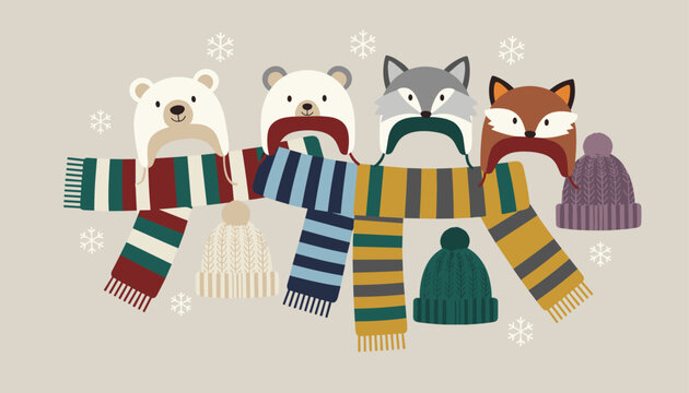 Festive set of children winter wear including colorful striped scarves and warm animal face hats like fox and bear.