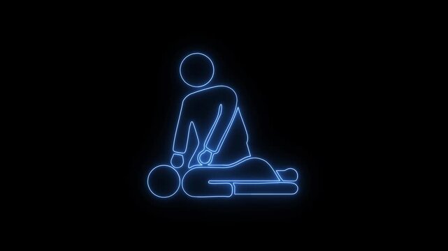 Animated Neon CPR Icon. Neon CPR Chest Compression Animation with EKG Heartbeat Line.