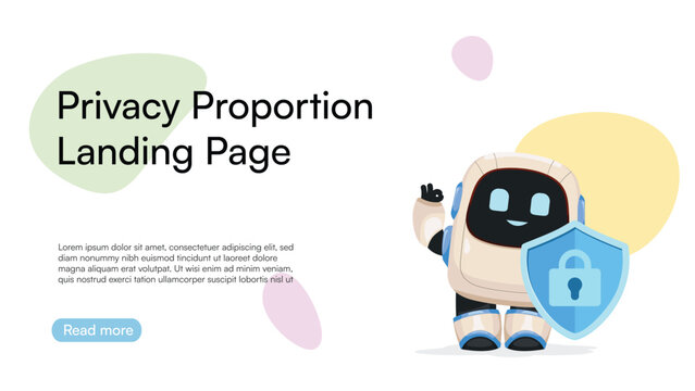 Cute AI robot with security shield vector illustration for privacy and cybersecurity website interface