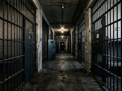 Dark abandoned prison corridor with metal bars and cells showing old jail architecture and atmosphere