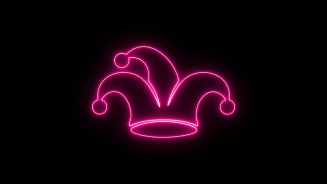 Animated Pink Neon Jester Hat Glowing Carnival Symbol. Pink Neon Jester Hat Icon Animation on Black Background.