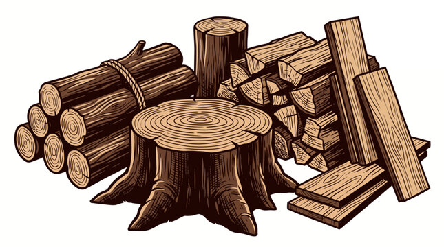 Vector illustration of timber materials including tree stump, bundled logs, chopped firewood and wooden planks, representing carpentry supplies and sustainable forestry management