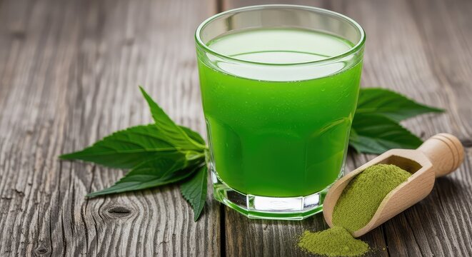 A glass of vibrant green wolffia juice stands next to a wooden scoop of fresh powder on a rustic dark timber background with herbal leaves, supplement, juice, vegetable