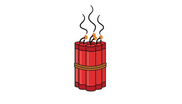 Bundle of red dynamite sticks with burning fuses and smoke ready to explode represents danger and urgency.