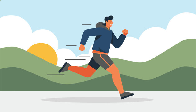 Active young man in athletic wear runs determinedly through a scenic landscape of green hills under a bright sun.