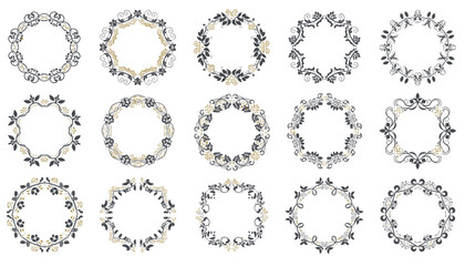 Fototapeta premium Collection of fifteen elegant vintage floral circular frames and decorative borders on a white background.