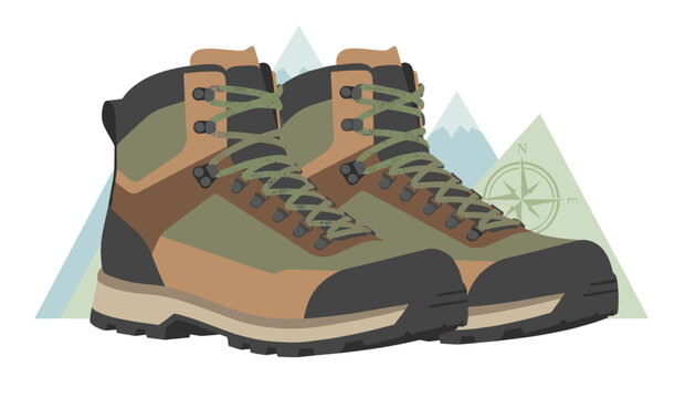 Pair of durable leather hiking boots with green laces against a backdrop of mountain silhouettes and a compass.