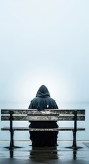 Fototapeta premium A hooded form sits on a weathered bench facing a foggy waterfront. Thick mist obscures the background, conveying a sense of deep solitude, somber, cold, scene