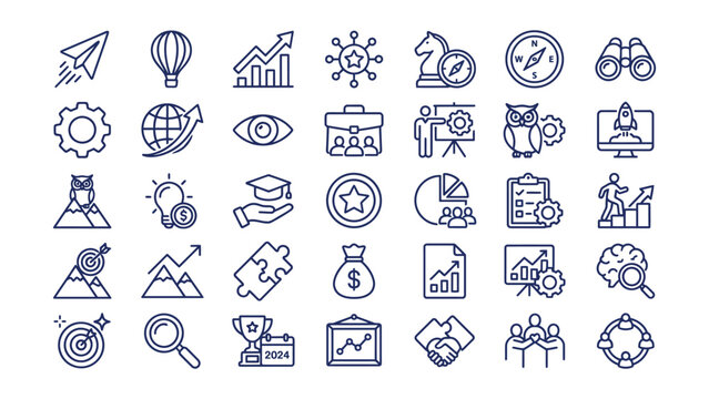 Collection of diverse business and technology icons with transparent background for presentations