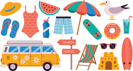 Summer beach vacation travel vector icon set with camper van, surfboard, swimsuit, umbrella, sandcastle, and tropical holiday elements isolated on white background. © MdIbrahimIslam