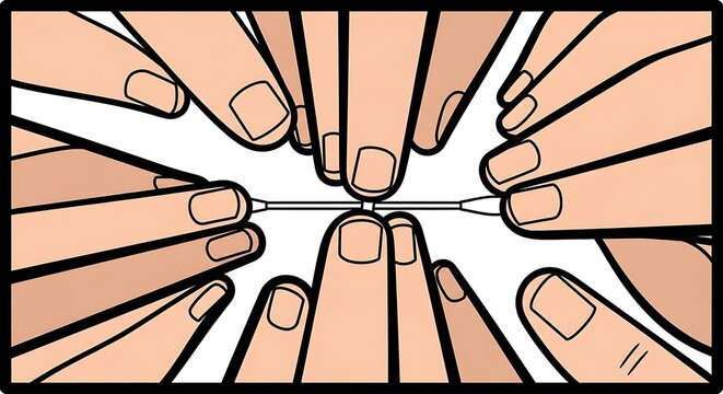 Multiple hands touching a single central point in unity with touching, teamwork