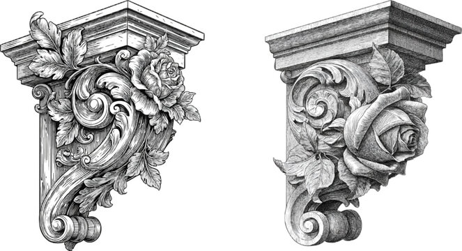 This exquisite classical floral scroll corner corbel design features intricate rose etchings, precise parallel hatching lines, and a pure black-and-white contrast against a white background
