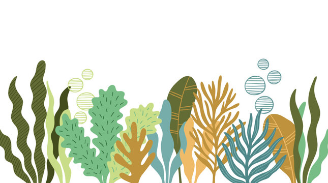 Underwater seaweed forest with various green and brown marine plants and floating bubbles, abstract illustration