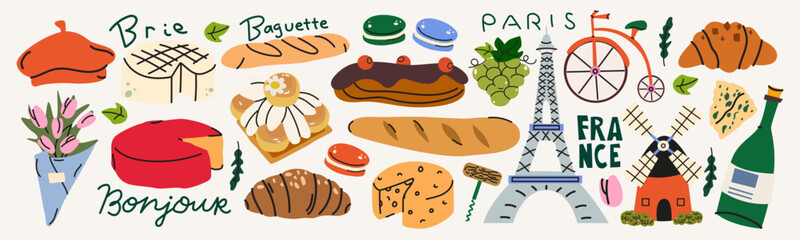 Trip to France stickers set in cartoon doodle style. French culture, food, croissant and cheese. French vacation and sightseeing vector collection © luamor