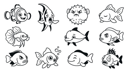 Fototapeta premium Collection of hand-drawn fish illustrations with various expressions, including a grumpy pufferfish, a smiling goldfish, and a worried angelfish