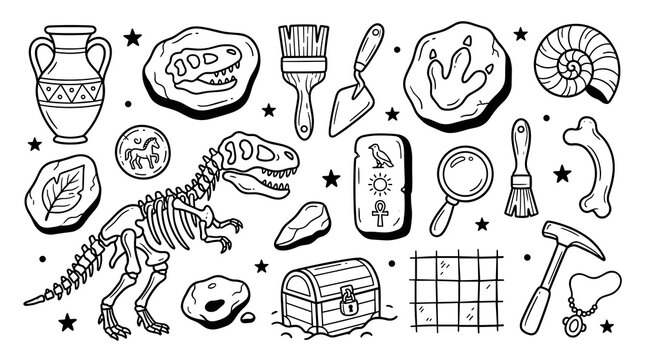 Set of hand-drawn paleo icons including dinosaur skeleton, fossils, ancient amphora, treasure chest, and excavation tools, on a plain background