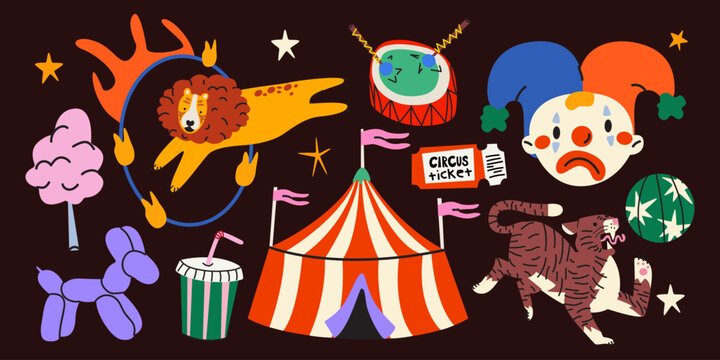 Vibrant cartoon circus stickers in trendy retro style. Clown, tent, lion, trained animals, ticket and circus attributes. Vector illustration of a circus performance