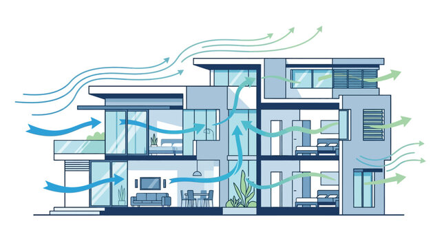 House airflow circulation diagram showing interior layout and ventilation system