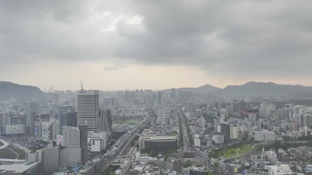 Aerial Drone View of Jongno Cityscape near Dongmyo Station and DDP Dongdaemun Design Plaza in Seoul, South Korea