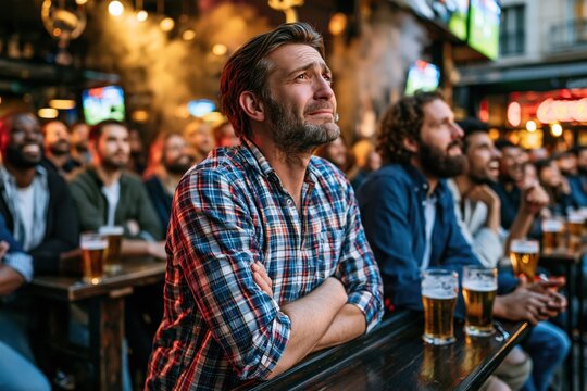 group of people gather at an outdoor bar to watch sports game. crowd shows range of emotions, from anticipation to disappointment as they react to game