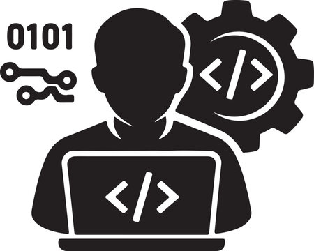 Software Development Programmer Icon with Coding Laptop, Binary Data, Gear Settings, and Technology Engineering