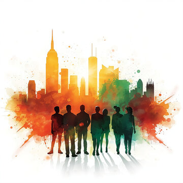 Group of people standing before a vibrant watercolor city skyline silhouette