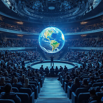 Speaker presenting a glowing digital earth hologram in a large dark auditorium