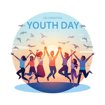 Group of happy young people jumping together in a circular sunset illustration