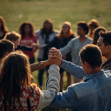 Diverse Group Holding Hands in a Circle Outdoors at Sunset