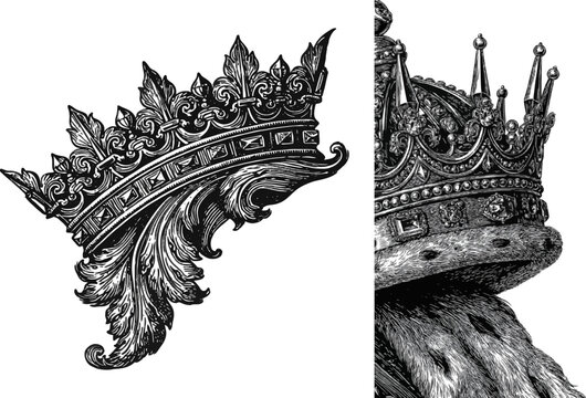 A regal royal crown corner vignette with intricate details, sharp metallic points, jewel facets, and ermine fur outlines, rendered in high contrast black and white line art with bold black outlines