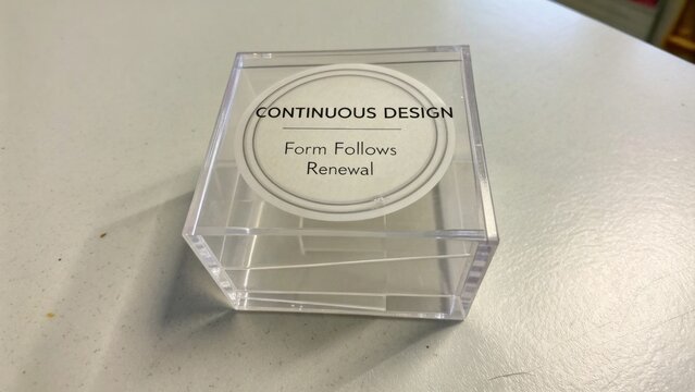 Transparent display box with a minimalist label emphasizing continuous design ethos and principles of form and renewal