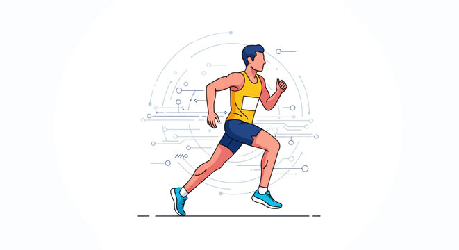 Flat vector illustration of a male marathon runner in a yellow jersey and blue shorts sprinting against a circular digital background representing sports data and technology.