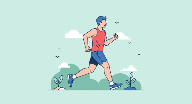 Minimalist flat vector illustration of a man jogging outdoors, wearing a red tank top and blue shorts, featuring simple clouds, bushes, and birds on a pale teal background.