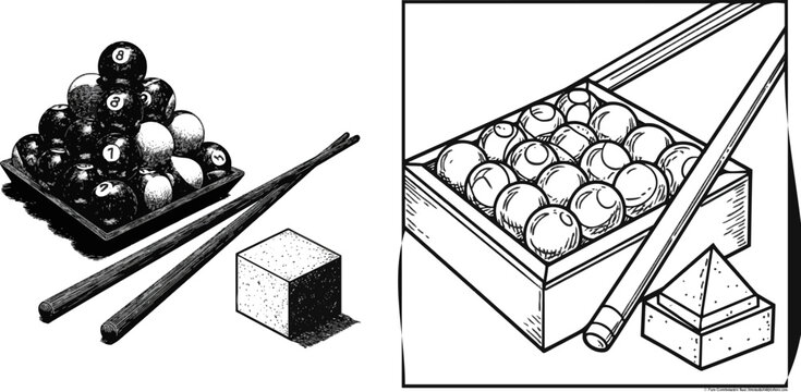 A detailed illustration of a pool table corner setup with a triangle rack, numbered balls, a cue stick, and chalk cube, rendered in bold black lines against a pure white background