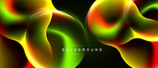 Naklejka premium Abstract fluid shapes, vibrant colors blend. Green, yellow, red create dynamic visual effect. Dark background emphasizes luminosity.