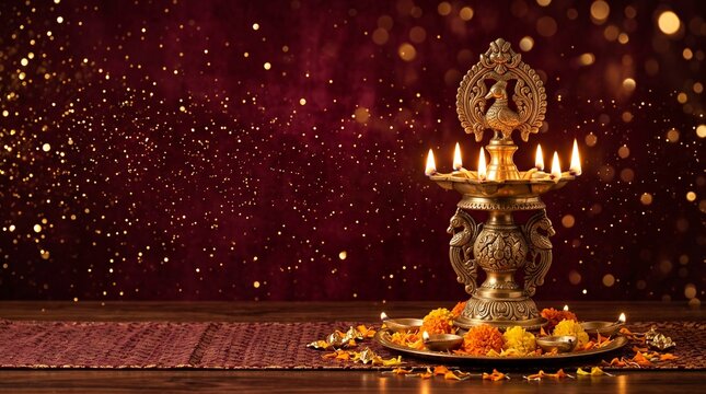 Deepavali background, a luxury setup with a single ornate brass deepam lamp with five flames, background of an abstract dark maroon backdrop with floating gold glitter particles