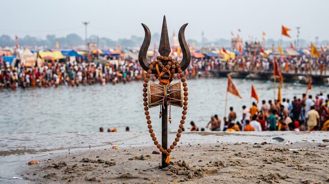 Kumbh Mela symbol, a heavy iron Trishul trident stuck into the sand, decorated with a rudraksha mala rosary and a small damru drum
