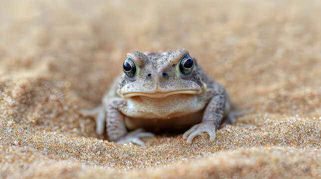 herpetology. Macro view of a Sonoran Desert Toad resting on sandy terrain in natural sunlight. wildlife magazines, conservation campaigns, designed for wildlife conservation campaigns.
