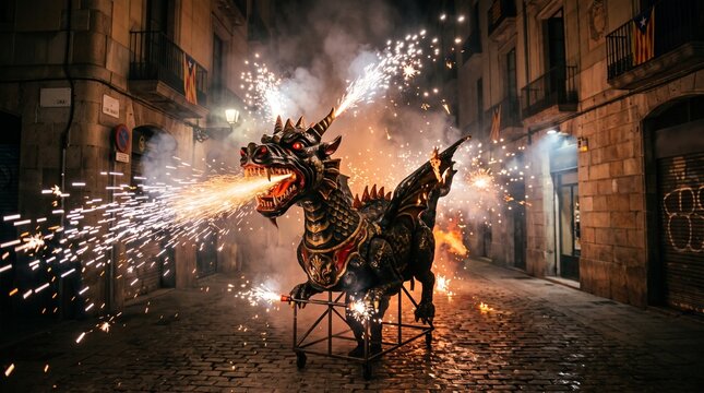 La Merc&egrave; correfoc, a detailed sculpture of a fierce dragon costume used for fire runs, empty, background of a dark city street filled with dramatic orange sparks and smoky