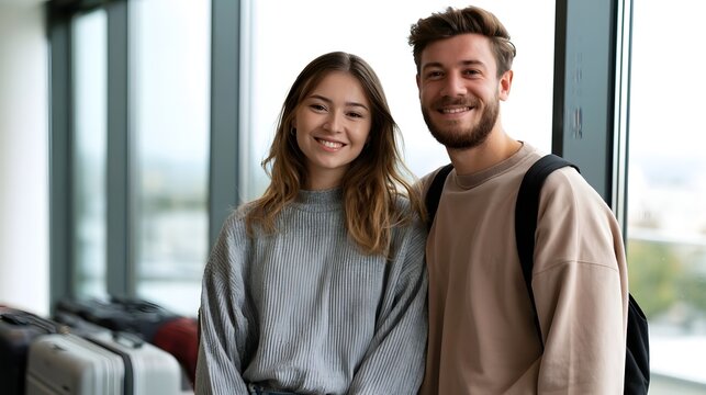 A smiling young couple stands together near large with luggage nearby  bathed in natural light