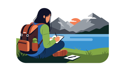 Flat style vector illustration of a woman sketching a peaceful mountain lake landscape outdoors. Perfect for travel, creativity, outdoor hobbies, nature inspiration and lifestyle themes © Amie