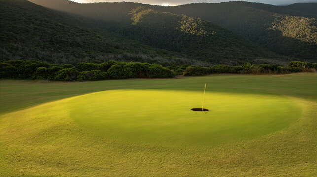 golf. Ancient golf course green glowing in morning light, manicured grass surface. event key visuals, club posters, designed for fitness apps and gym onboarding, used by fitness trainers.
